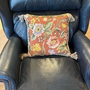 Katha Diddel Vintage Wool Needlepoint Throw Pillow Rust Floral Rope Edge